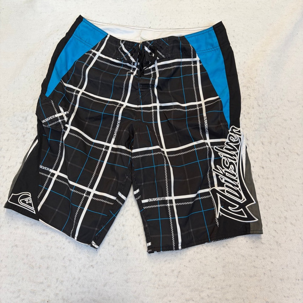 Quiksilver Board Shorts Mens 34 Black Plaid Surf Swim Trunks
